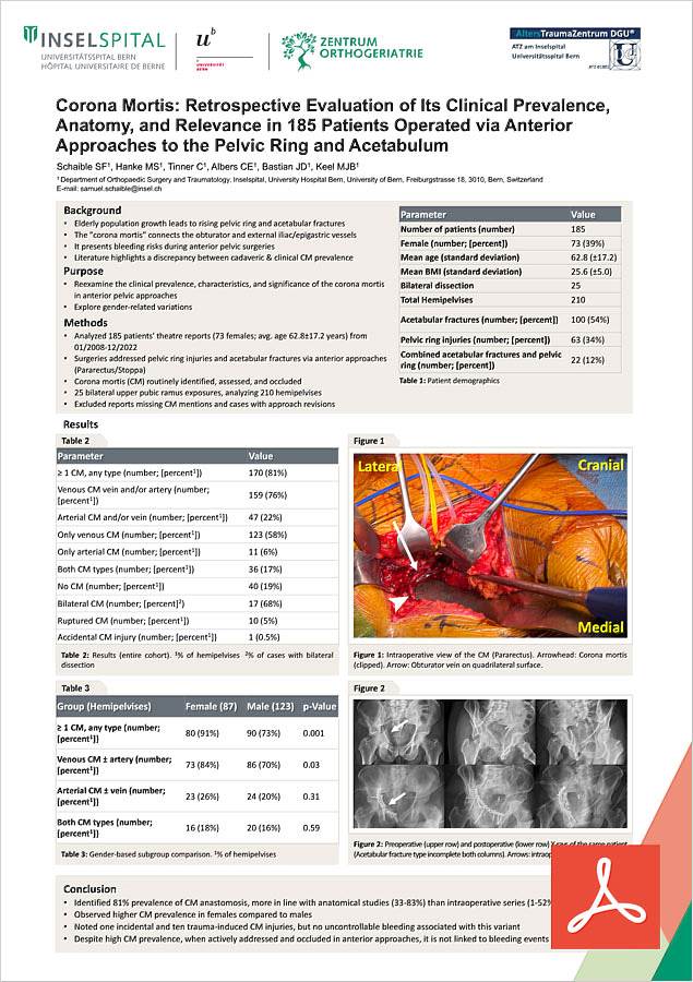 Poster OGD 2023 - Corona Mortis: Retrospective Evaluation of Its Clinical Prevalence, Anatomy, and Relevance in 185 Patients Operated via Anterior Approaches to the Pelvic Ring and Acetabulum